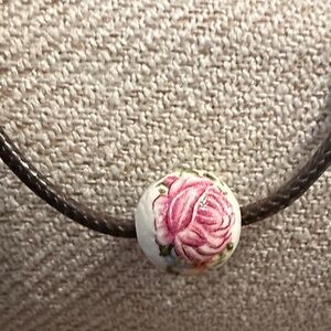 Pink Rose Boho Indie Feminine Floral Pendant Faux Leather Cord Choker Necklace